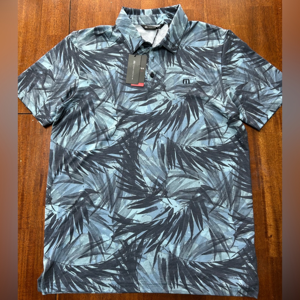 Travis Mathew Golf Blue and Black Leaf Print Polo Shirt
